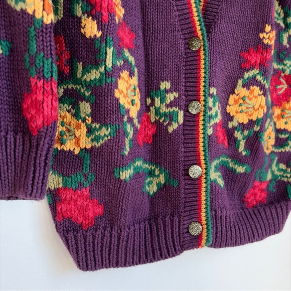 Vtg Robert Scott Women M Cardigan Knit Sweater Purple Floral Grandmacore Cottage - Picture 12 of 14